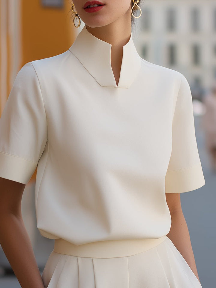 Dames Staande Kraag Gestructureerde Korte Mouwen Blouse