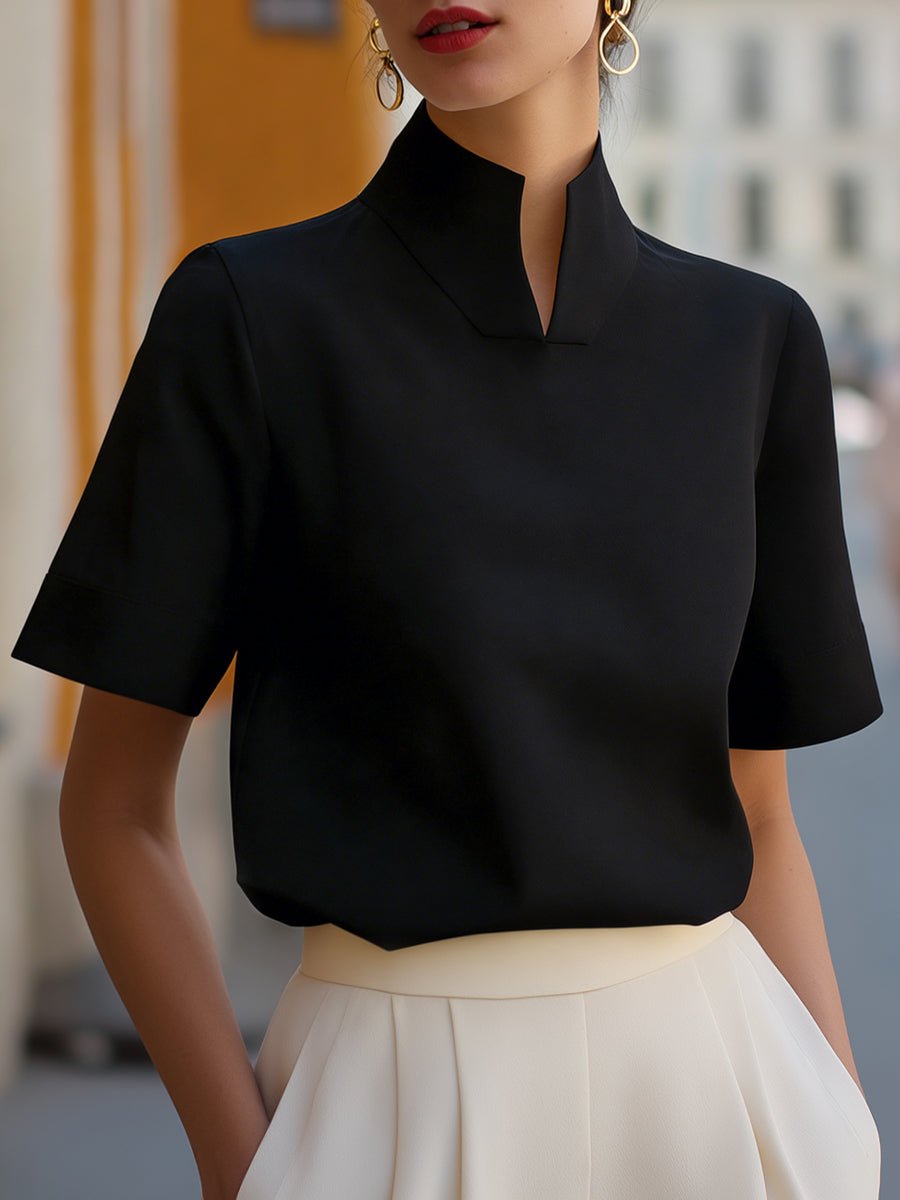 Dames Staande Kraag Gestructureerde Korte Mouwen Blouse - Black