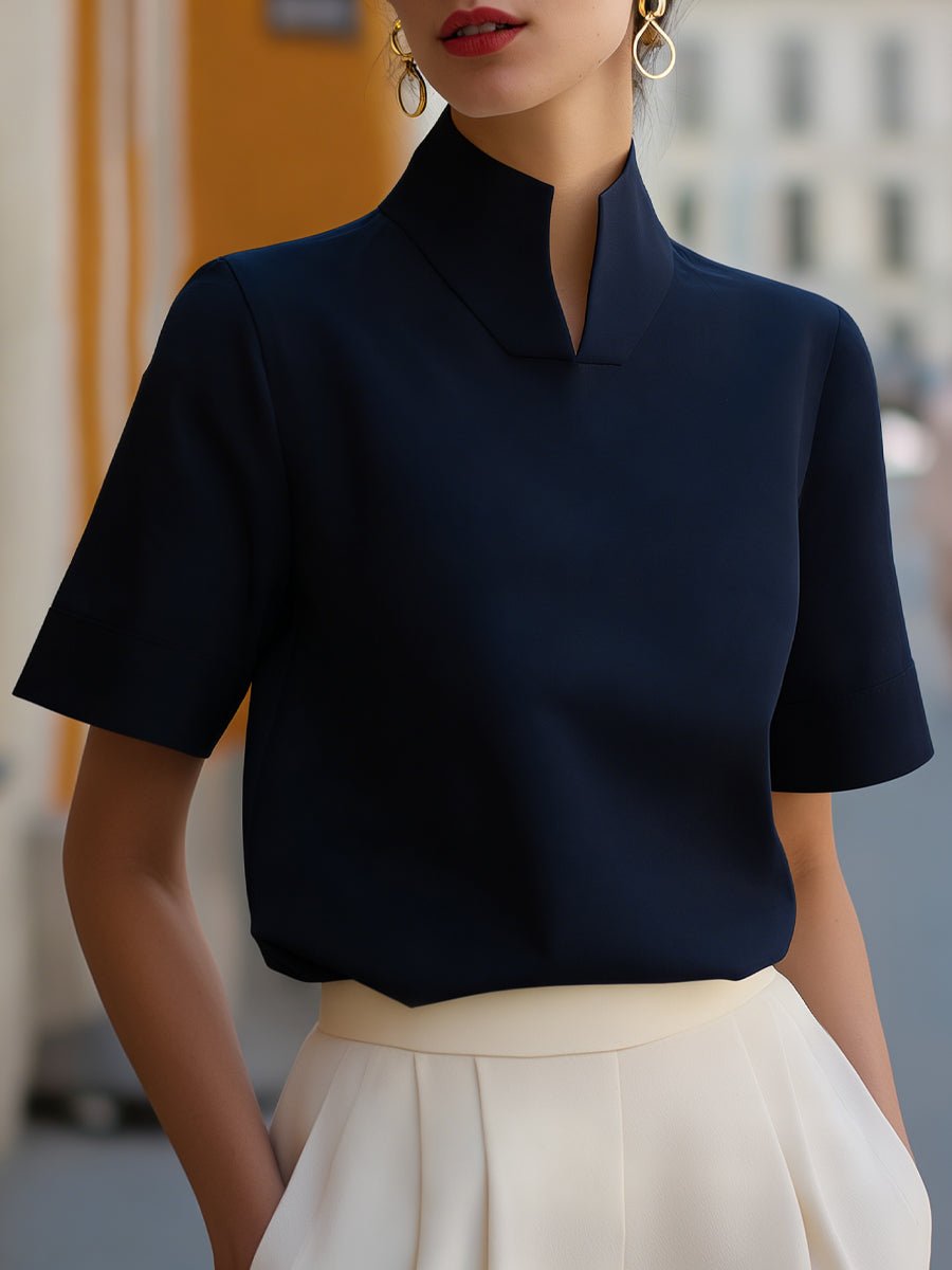 Dames Staande Kraag Gestructureerde Korte Mouwen Blouse - Navy Blue