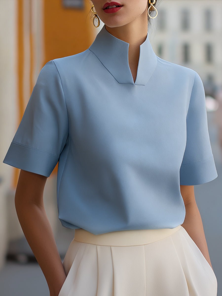Dames Staande Kraag Gestructureerde Korte Mouwen Blouse - Blue