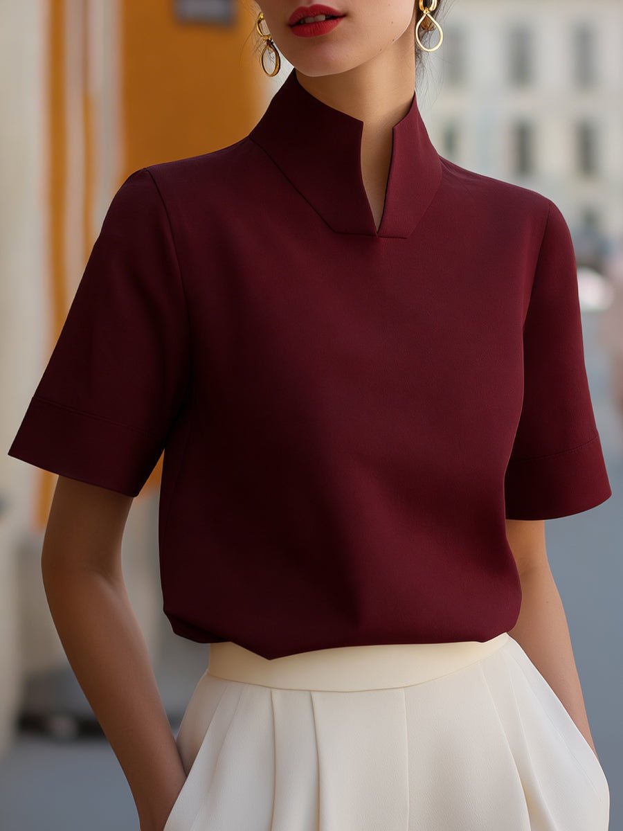 Dames Staande Kraag Gestructureerde Korte Mouwen Blouse - Burgundy