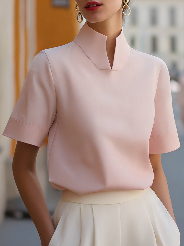 Dames Staande Kraag Gestructureerde Korte Mouwen Blouse - Pink