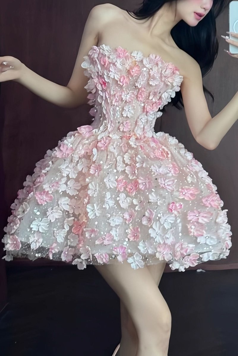 Dames Strapless 3D Bloemen Cocktail Dress Mini Jurk