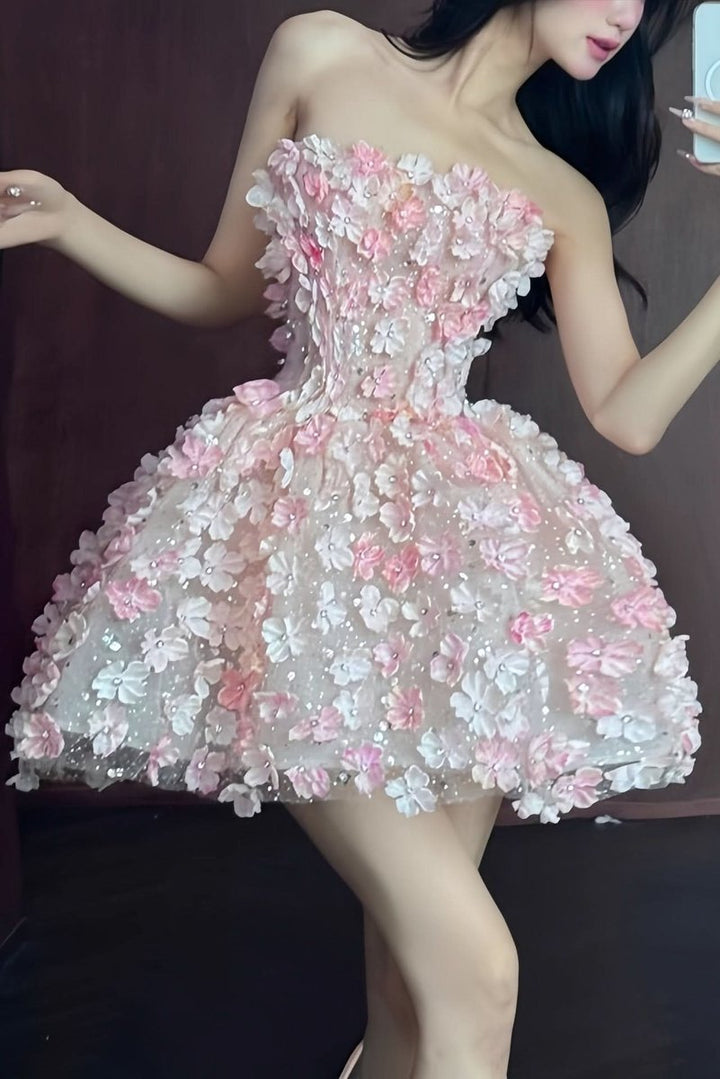 Dames Strapless 3D Bloemen Cocktail Dress Mini Jurk