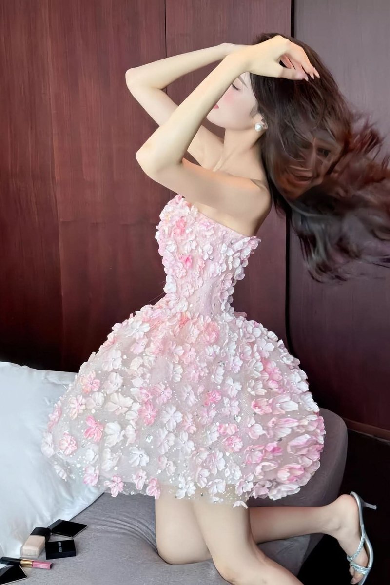 Dames Strapless 3D Bloemen Cocktail Dress Mini Jurk