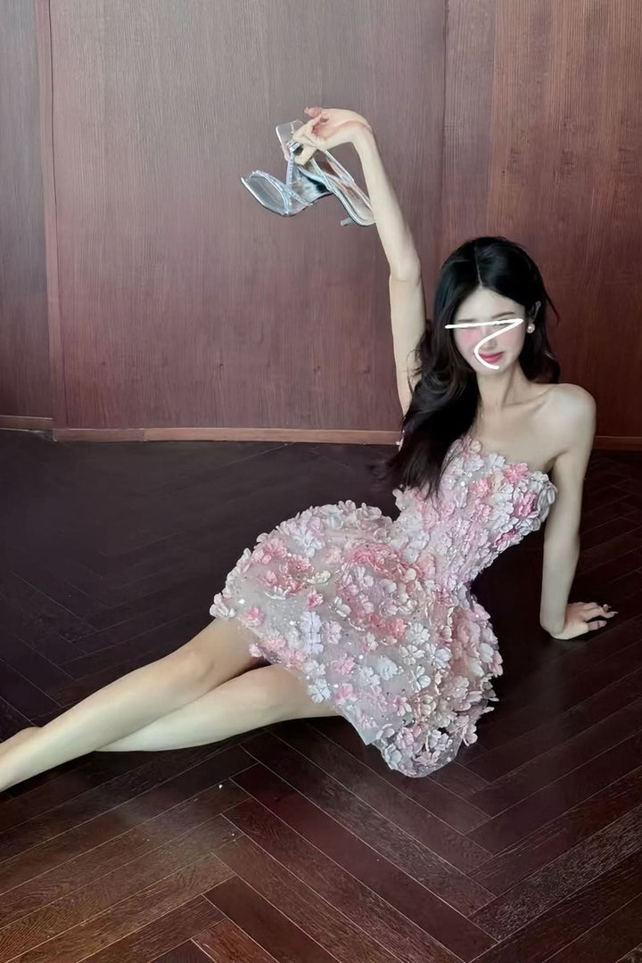Dames Strapless 3D Bloemen Cocktail Dress Mini Jurk
