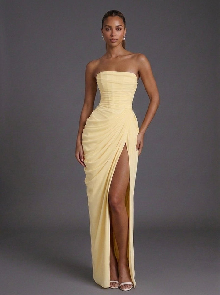 Dames Strapless Corset Maxi Jurk met Split - Butter Yellow