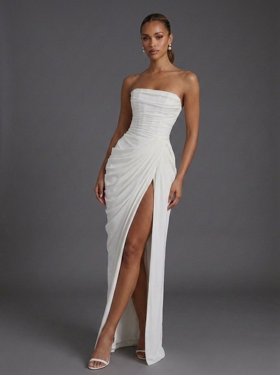 Dames Strapless Corset Maxi Jurk met Split - White
