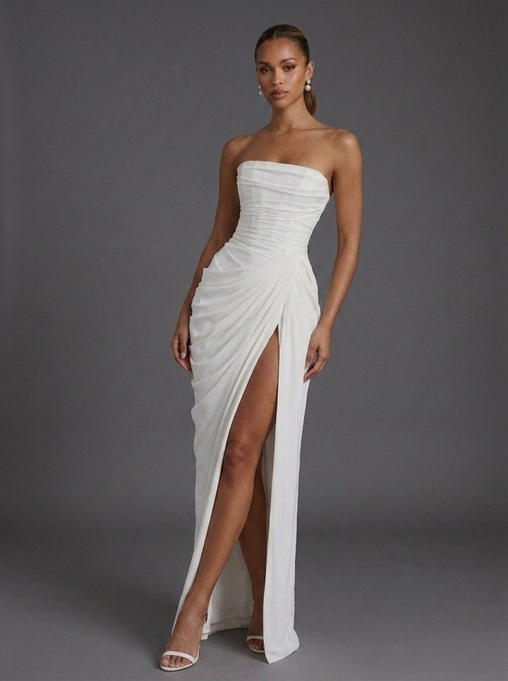 Dames Strapless Corset Maxi Jurk met Split - White