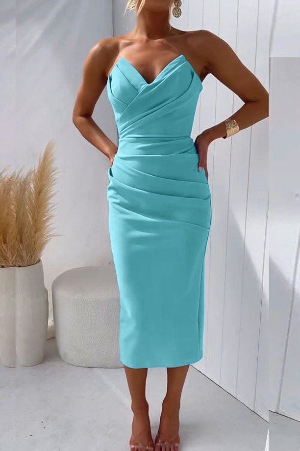 Dames Strapless Gedrapeerde Nauwsluitende Midi Jurk - Turquoise