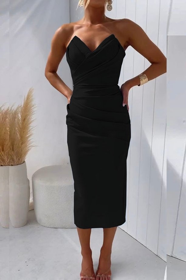Dames Strapless Gedrapeerde Nauwsluitende Midi Jurk - Black