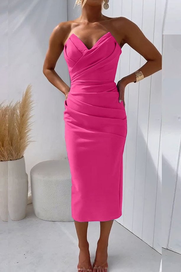Dames Strapless Gedrapeerde Nauwsluitende Midi Jurk - Rose