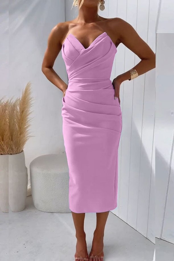 Dames Strapless Gedrapeerde Nauwsluitende Midi Jurk - Pink