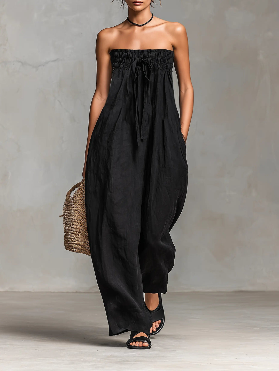Dames Strapless Linen Wide-Leg Jumpsuit met Strikdetail - Black