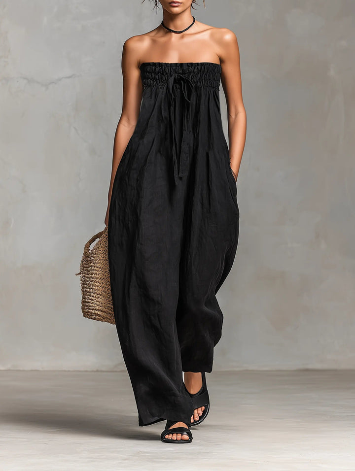 Dames Strapless Linen Wide-Leg Jumpsuit met Strikdetail - Black