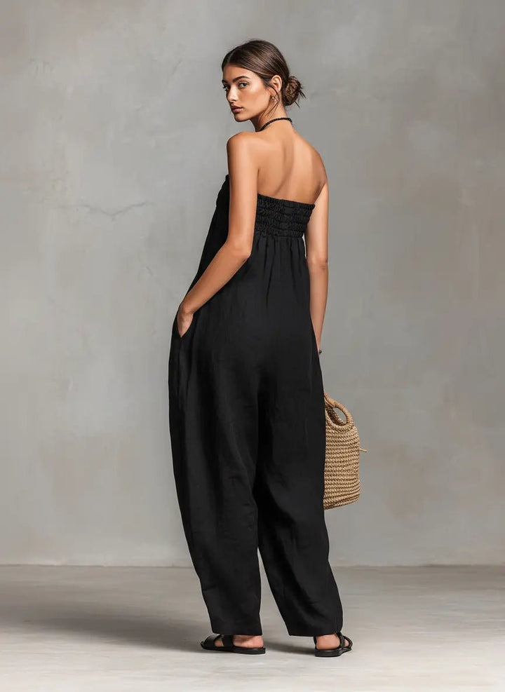 Dames Strapless Linen Wide-Leg Jumpsuit met Strikdetail