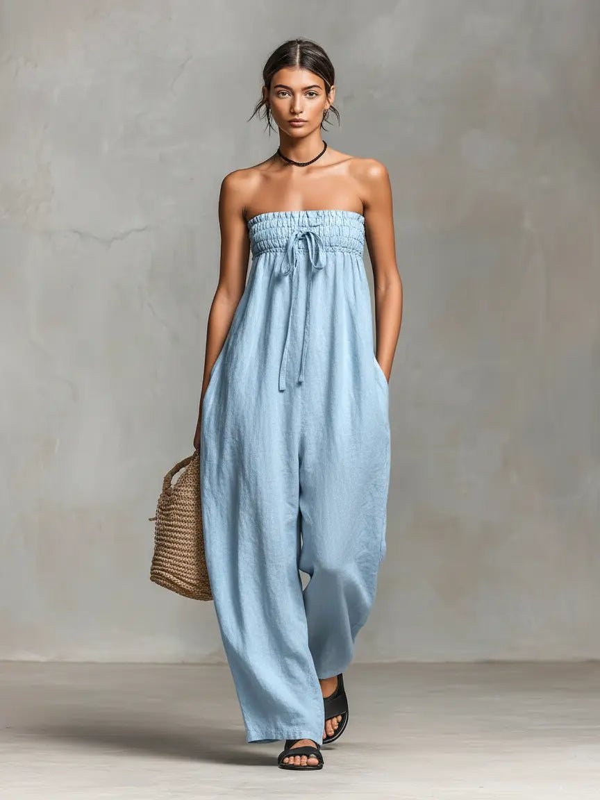 Dames Strapless Linen Wide-Leg Jumpsuit met Strikdetail - Light Blue
