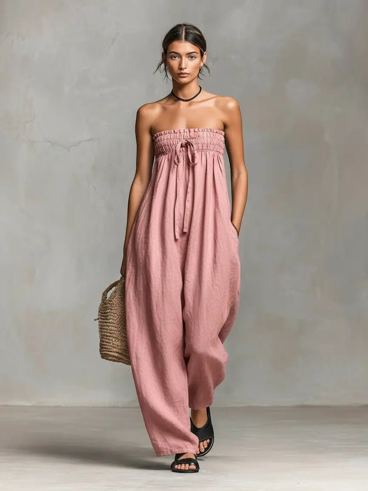 Dames Strapless Linen Wide-Leg Jumpsuit met Strikdetail - Light Pink
