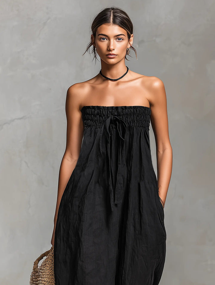 Dames Strapless Linen Wide-Leg Jumpsuit met Strikdetail