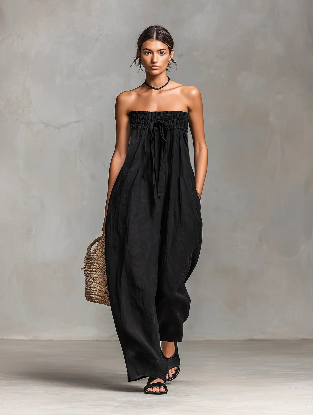 Dames Strapless Linen Wide-Leg Jumpsuit met Strikdetail