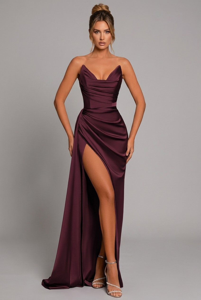 Dames Strapless Satijnen Maxi-jurk Geplooid Sweetheart Split - Crimson Red