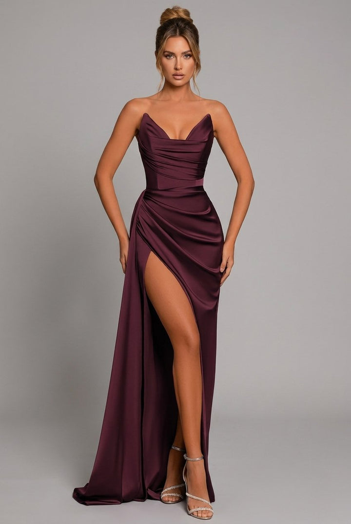 Dames Strapless Satijnen Maxi-jurk Geplooid Sweetheart Split - Crimson Red