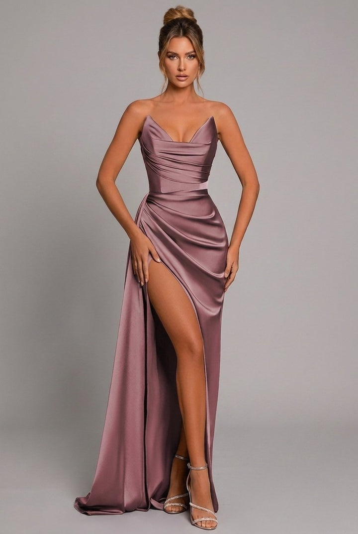 Dames Strapless Satijnen Maxi-jurk Geplooid Sweetheart Split - Dusty Rose