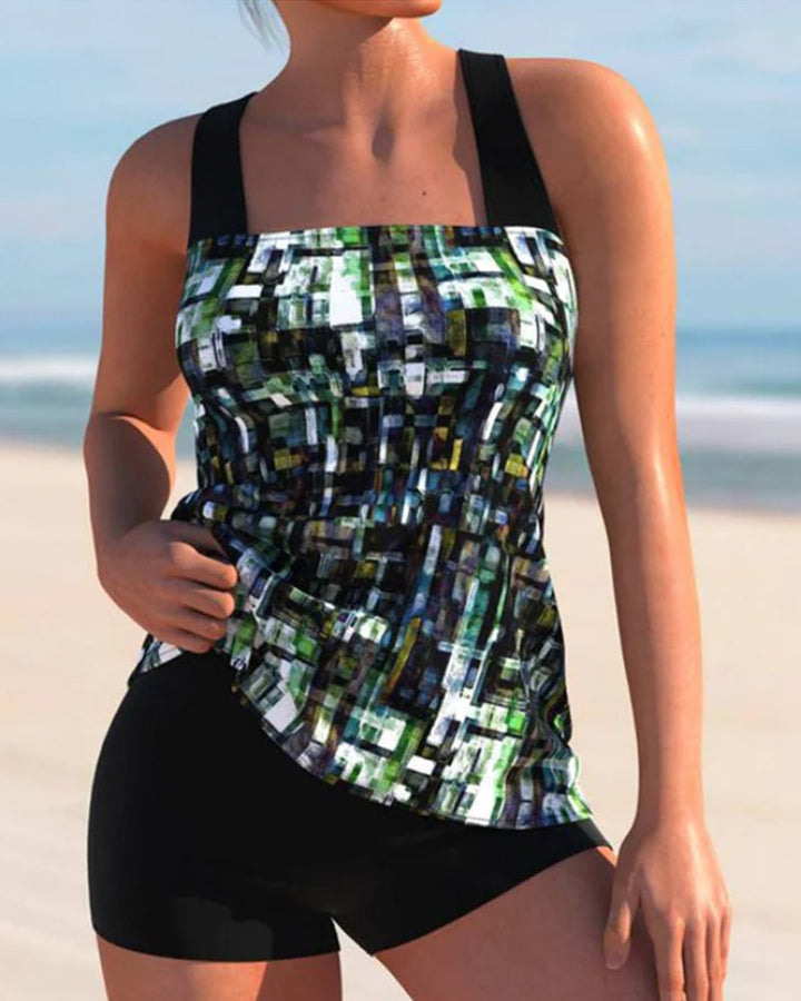 Dames Stretch Tankini Set Korte Broek Zwemkleding - Zwart/Groen