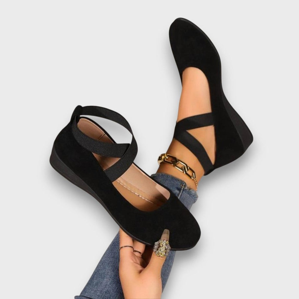 Dames Suède Kruisband Sleehak Ballerina Platte Schoenen - Zwart