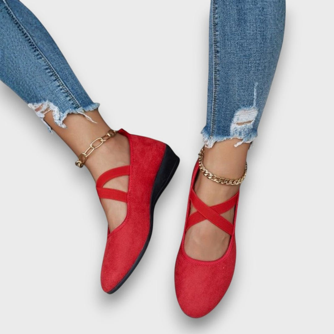 Dames Suède Kruisband Sleehak Ballerina Platte Schoenen - Rood