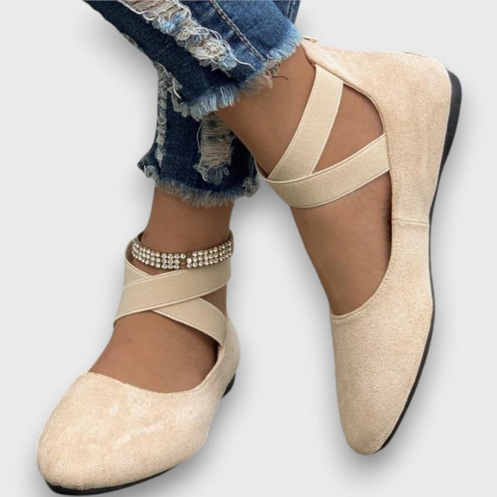 Dames Suède Kruisband Sleehak Ballerina Platte Schoenen - Beige