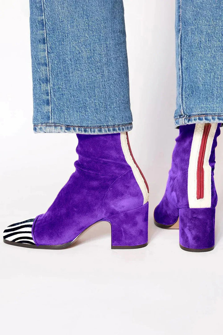 Dames Suède Vierkante Neus Blokhak Kniehoge Laarzen - Purple