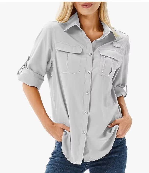 Dames UPF 50 Outdoor Wandel Shirt Lange Mouwen - Light Grey