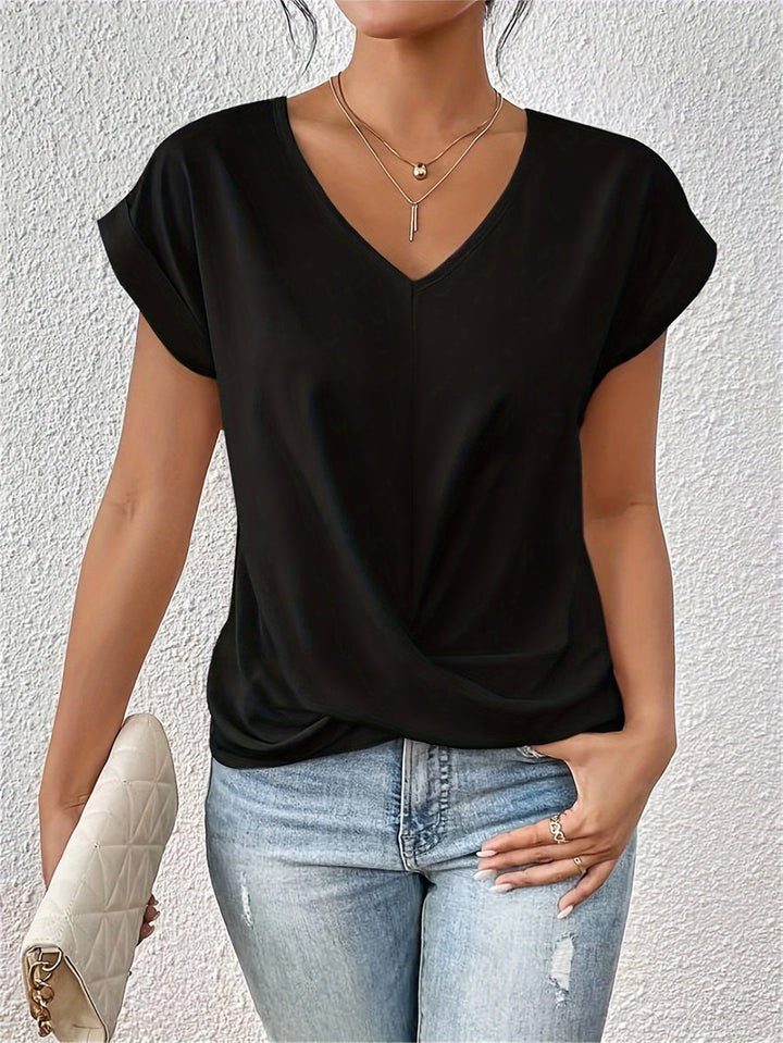 Dames V-hals Gedraaid Kortmouw T-shirt - Zwart
