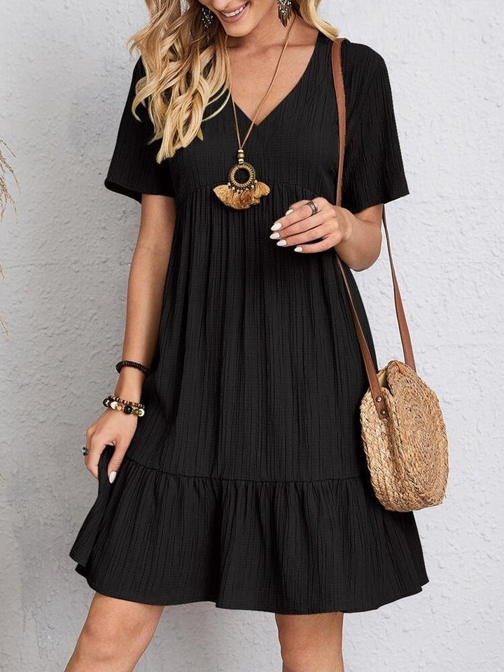 Dames V-hals Gelaagde Kortemouw Casual Swing Jurk - Black