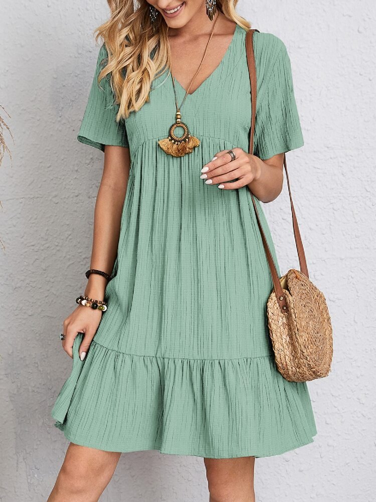 Dames V-hals Gelaagde Kortemouw Casual Swing Jurk - Light Green