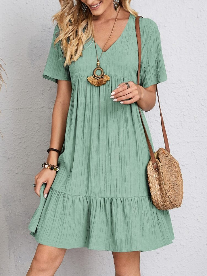 Dames V-hals Gelaagde Kortemouw Casual Swing Jurk - Light Green