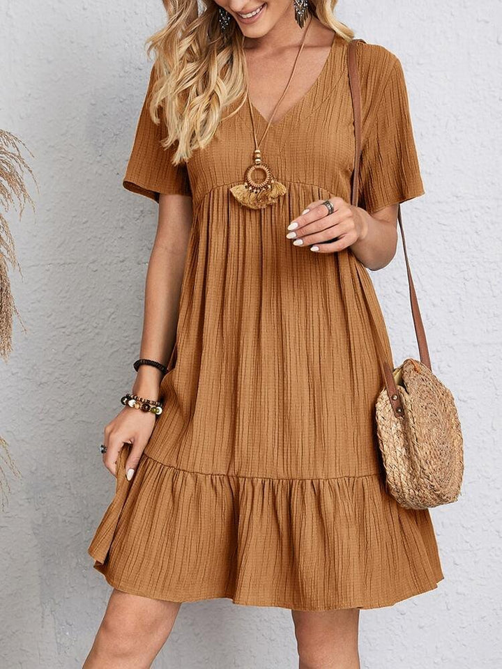 Dames V-hals Gelaagde Kortemouw Casual Swing Jurk - Brown