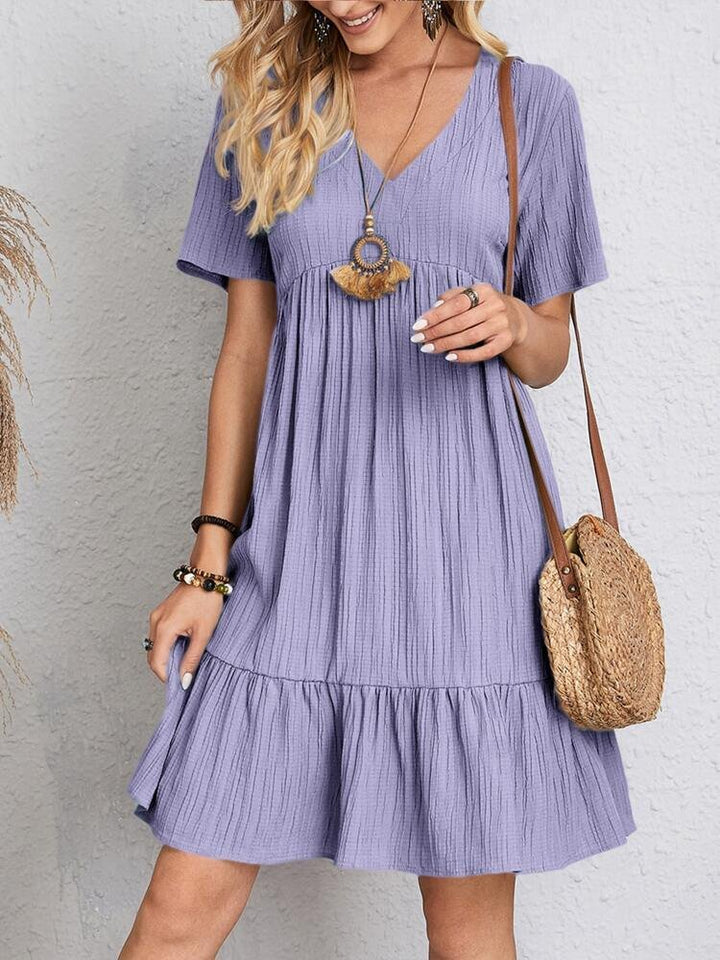 Dames V-hals Gelaagde Kortemouw Casual Swing Jurk - Purple