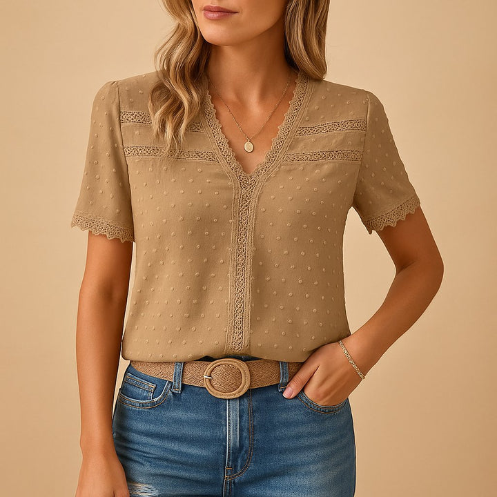 Dames V-Hals Kanten Korte Mouw Blouse - Khaki