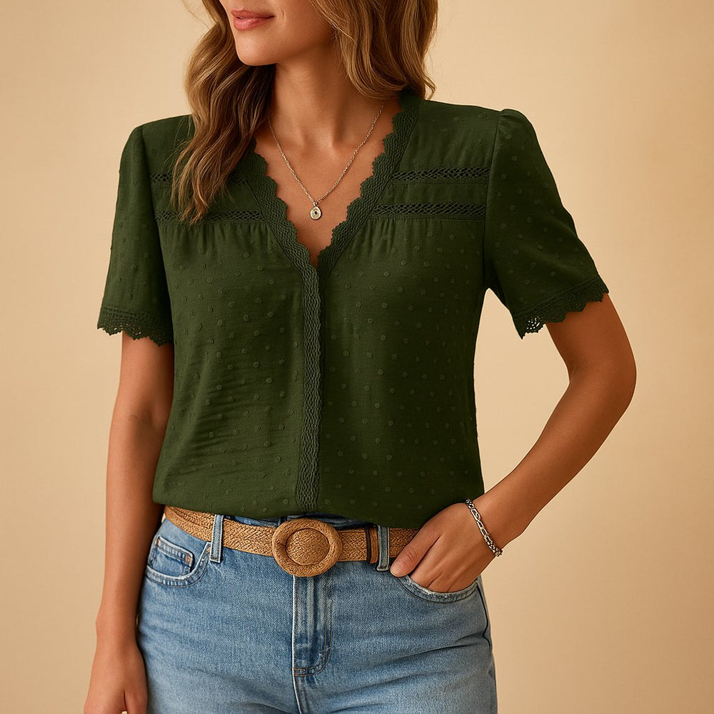 Dames V-Hals Kanten Korte Mouw Blouse - Army Green