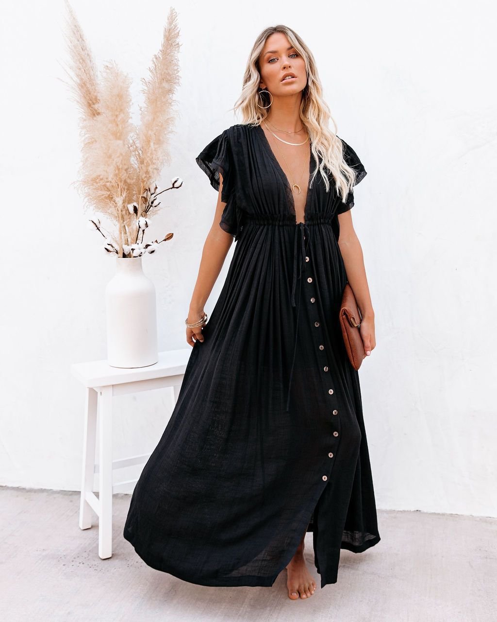 Dames V-hals Knoopsluiting Maxi-jurk met Korte Mouwen - Black