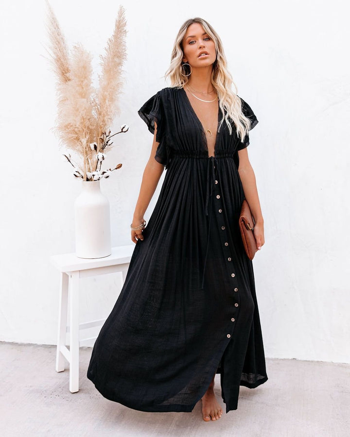 Dames V-hals Knoopsluiting Maxi-jurk met Korte Mouwen - Black