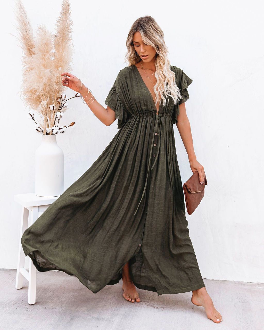 Dames V-hals Knoopsluiting Maxi-jurk met Korte Mouwen - Army Green