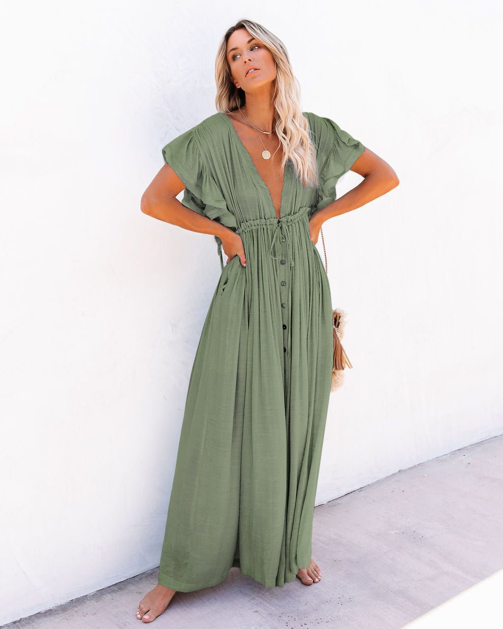 Dames V-hals Knoopsluiting Maxi-jurk met Korte Mouwen - Light Green