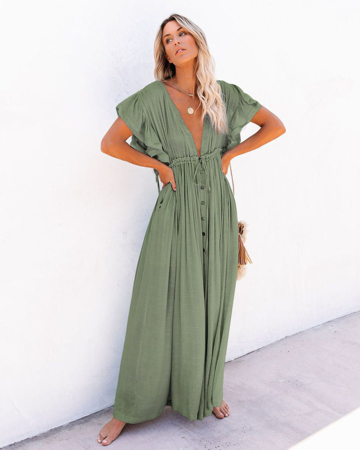 Dames V-hals Knoopsluiting Maxi-jurk met Korte Mouwen - Light Green