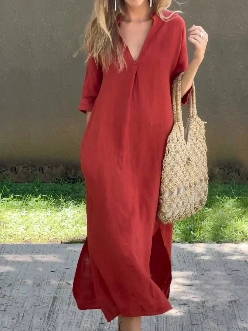 Dames V-hals Linnen-Katoenen Maxi Jurk Losse Zomersnit - Red (Almost sold out)