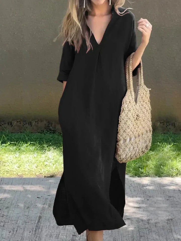 Dames V-hals Linnen-Katoenen Maxi Jurk Losse Zomersnit - Black (Almost sold out)