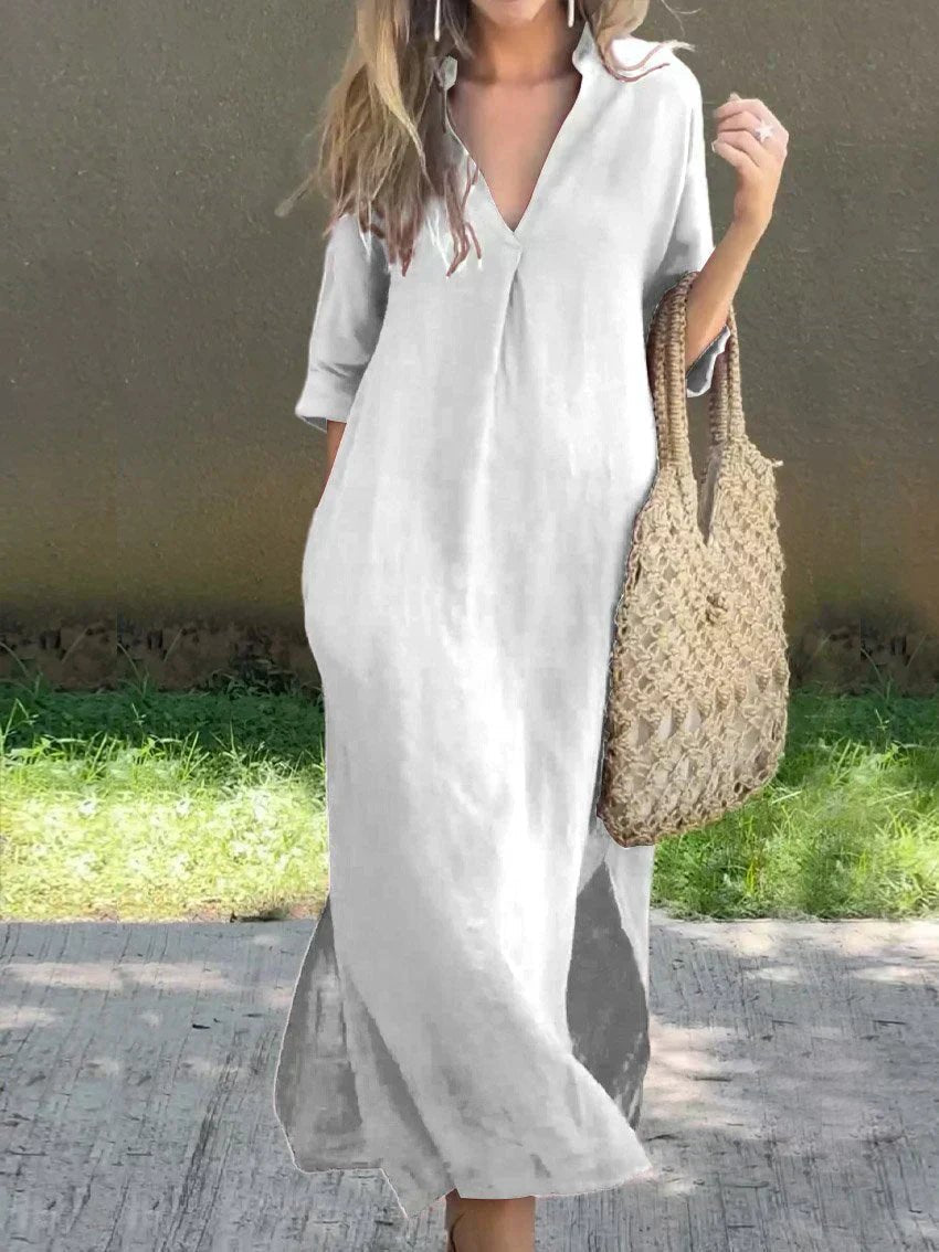 Dames V-hals Linnen-Katoenen Maxi Jurk Losse Zomersnit - White