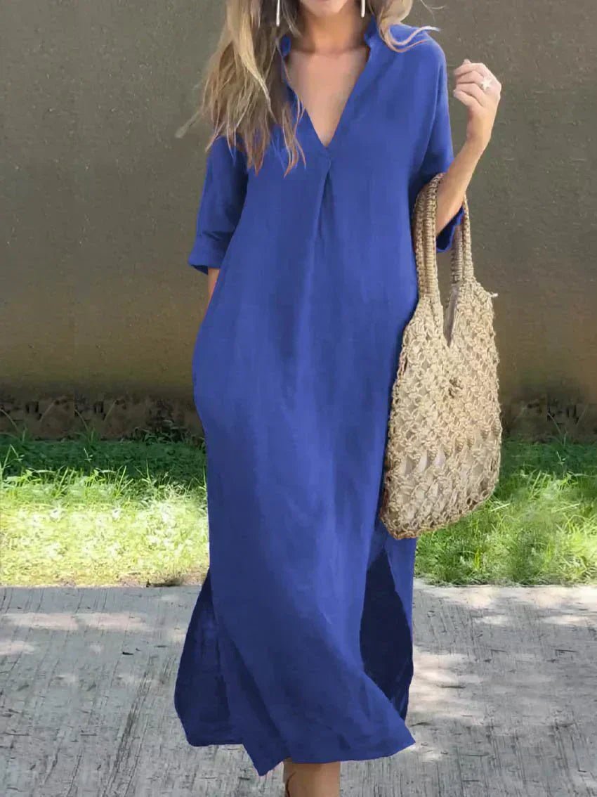 Dames V-hals Linnen-Katoenen Maxi Jurk Losse Zomersnit - Blue